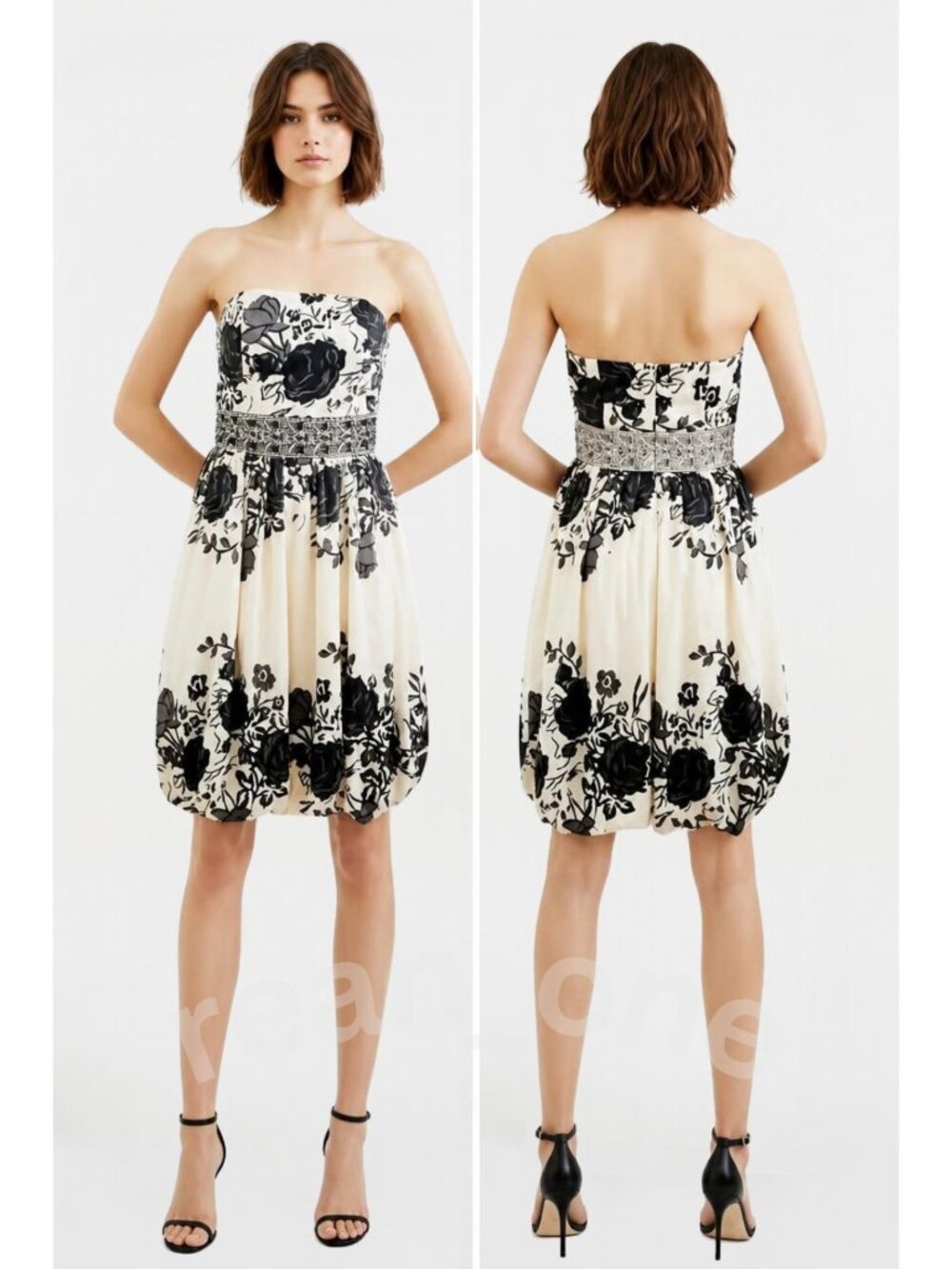 Forever 21 Women's Black Floral Beaded Waist Strapless Bubble Dress Size Medium